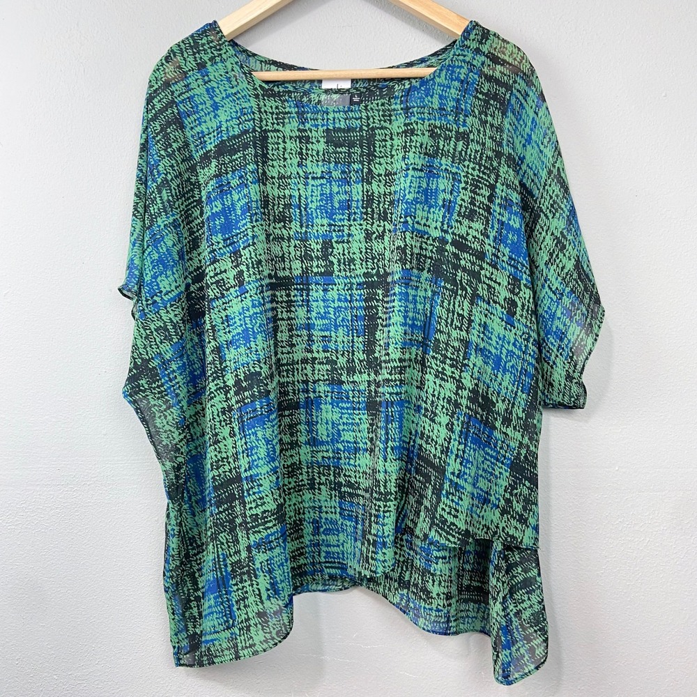 Cabi Blouse‎ Women Large Green Blue Abstract Plaid Chiffon High Low Top 3770
